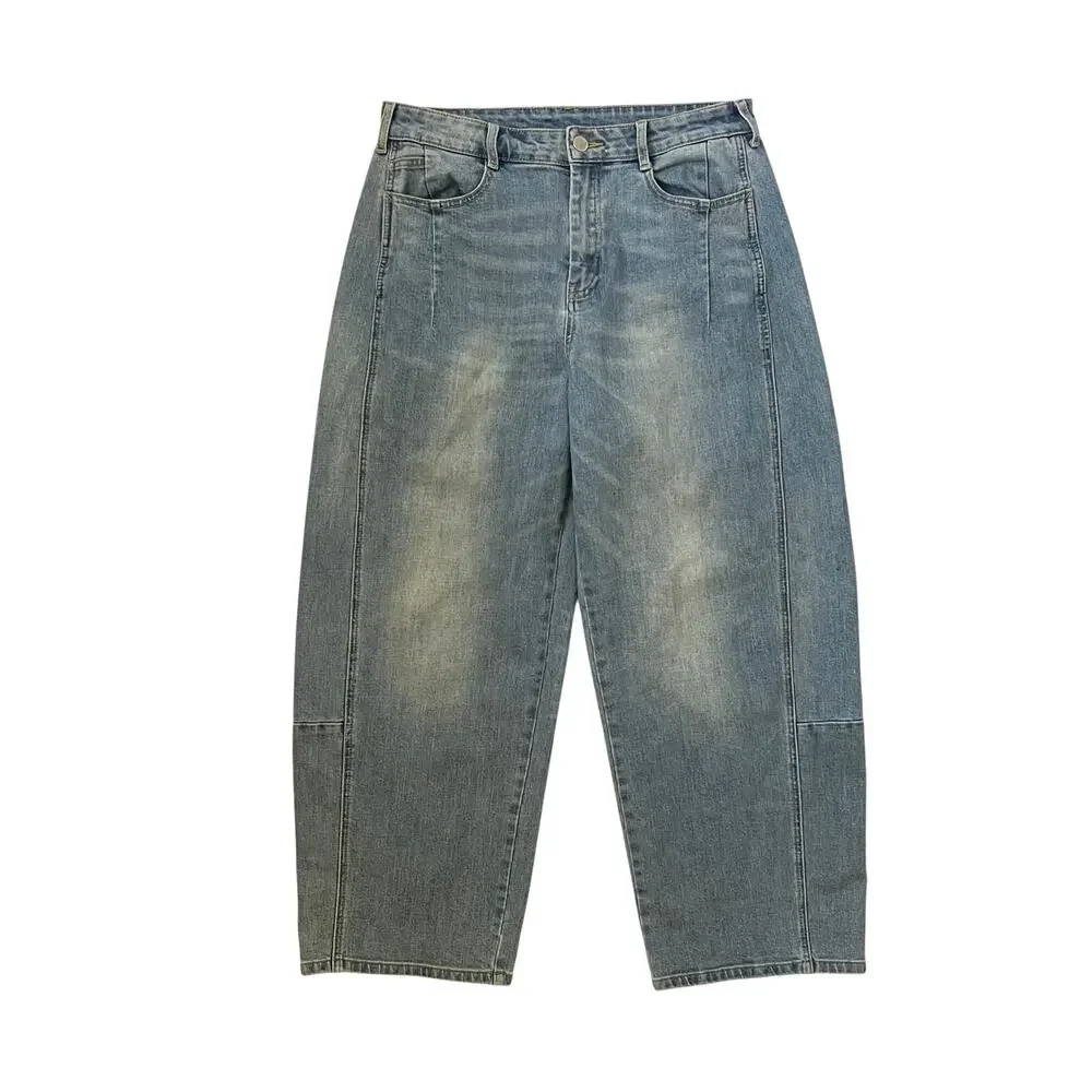 Miou Muse Barrel Jeans - Blue Denim - Wide Leg - Cropped - High-Rise - Size L